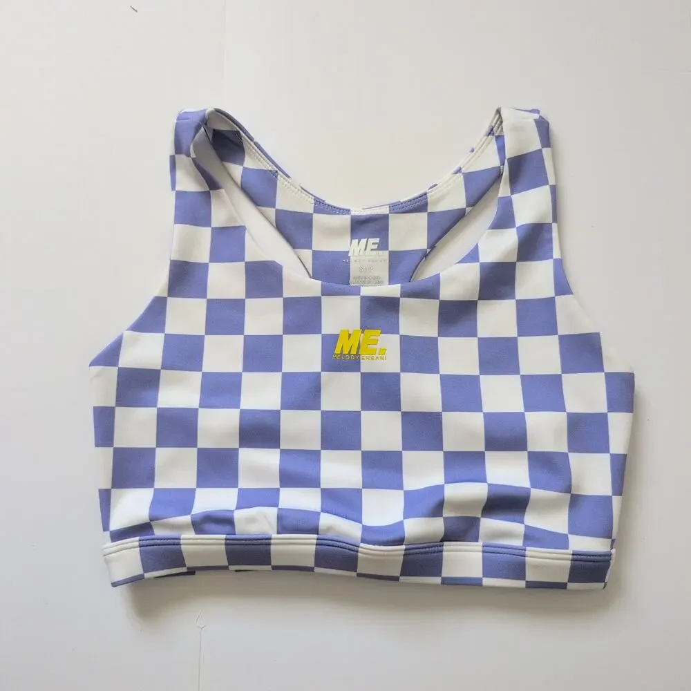 ME. Melody Eshani Periwinkle Blue Checkered Racerback Sports Bra Small Athletic‎
